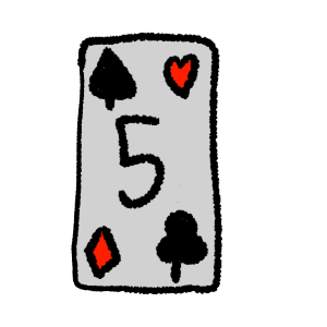 black outlines, a card with a black spade in the top left corner, red heart in the top right, red diamond in the bottom left, black club in the bottom right and a black 5 in the middle